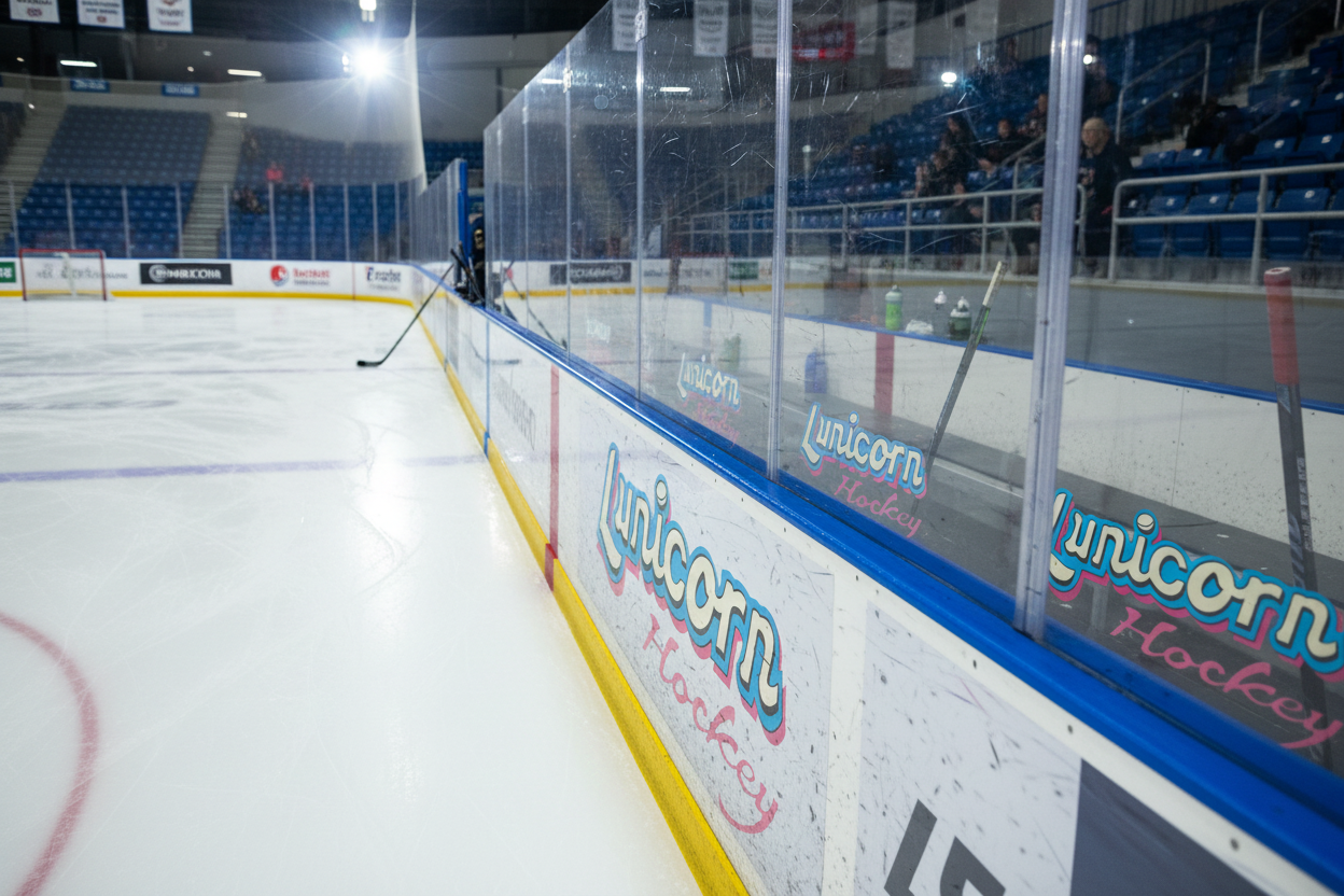 Hockey rink with Lunicorn Hockey logo on boards